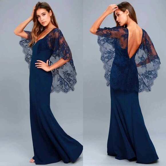 Lulus Amelie Women's Size Small Navy Blue Lace Sheer Cape Sleeve Maxi Dress - Picture 1 of 11